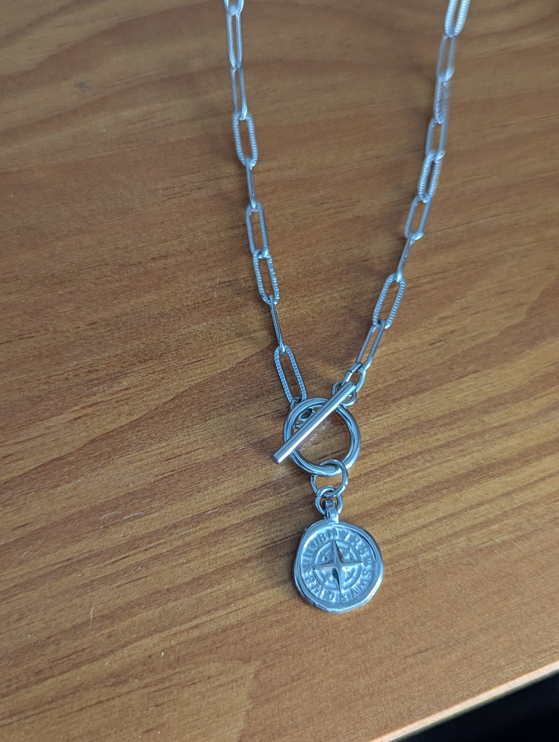 Compass Pendant Toggle Clasp on Silver Paper Clip Chain