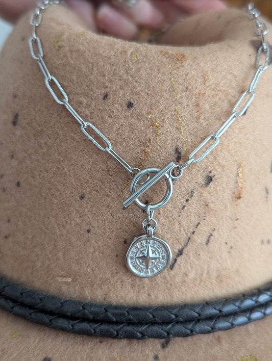 Compass Pendant Toggle Clasp on Silver Paper Clip Chain