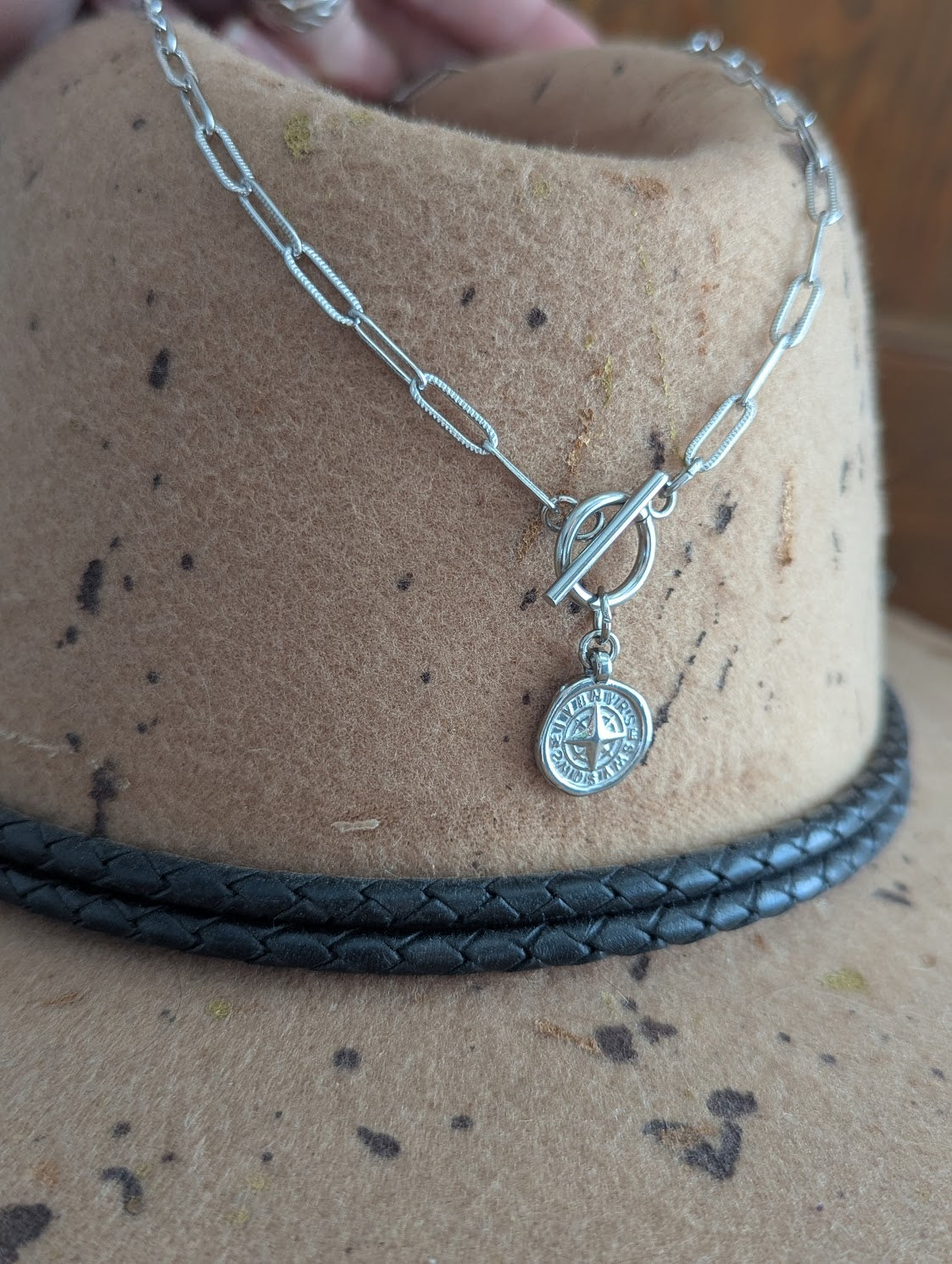 Compass Pendant Toggle Clasp on Silver Paper Clip Chain