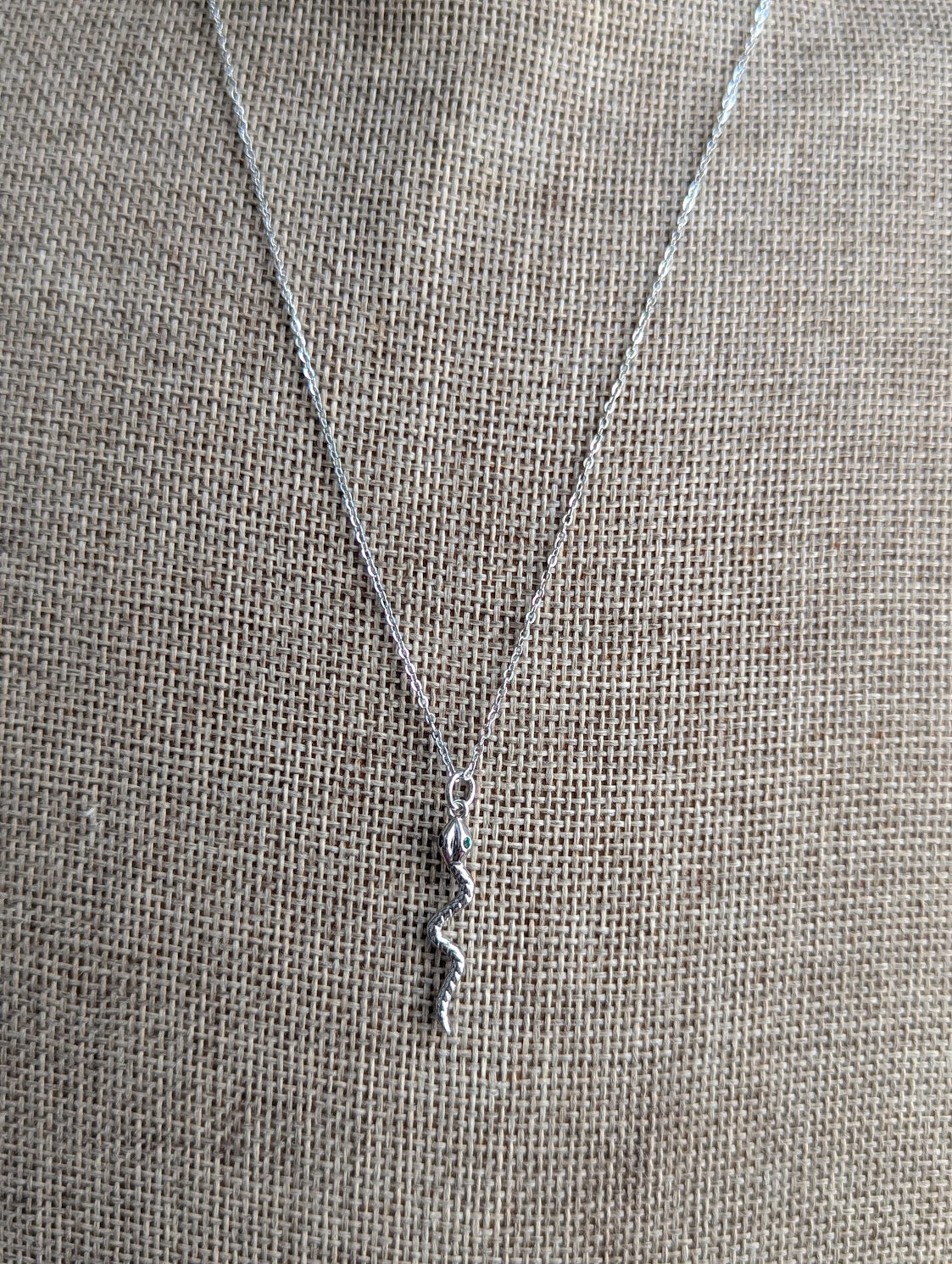 Textured Green Eyed Snake Necklace (Silver or Gold)