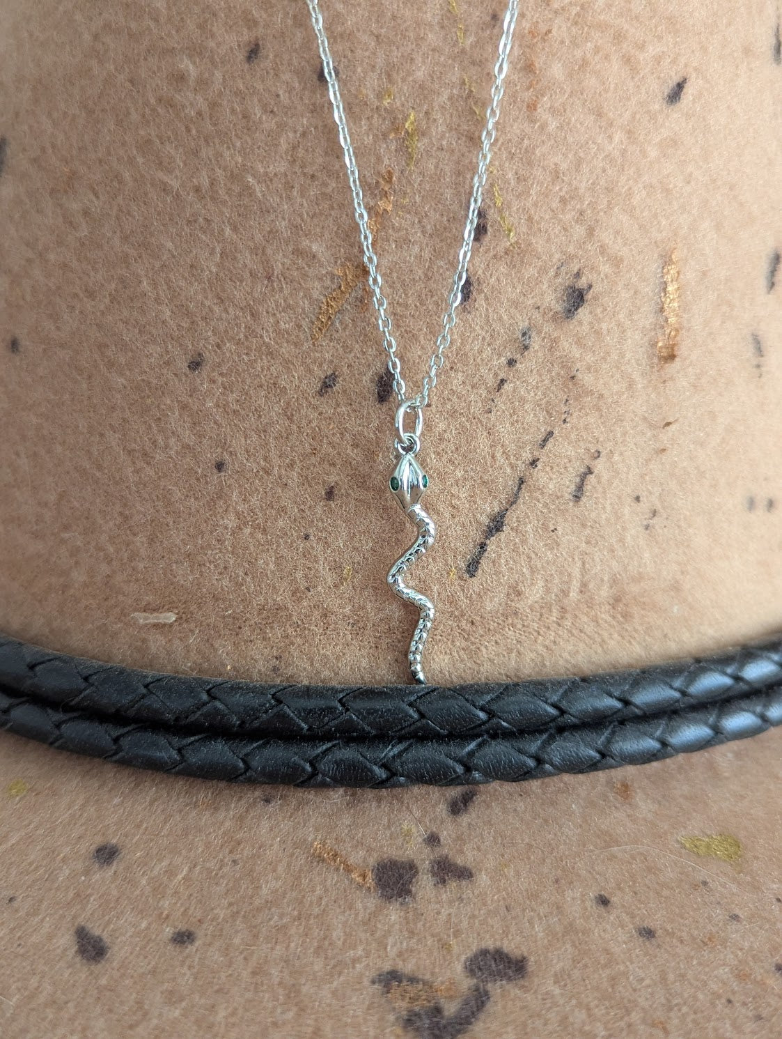 Textured Green Eyed Snake Necklace (Silver or Gold)