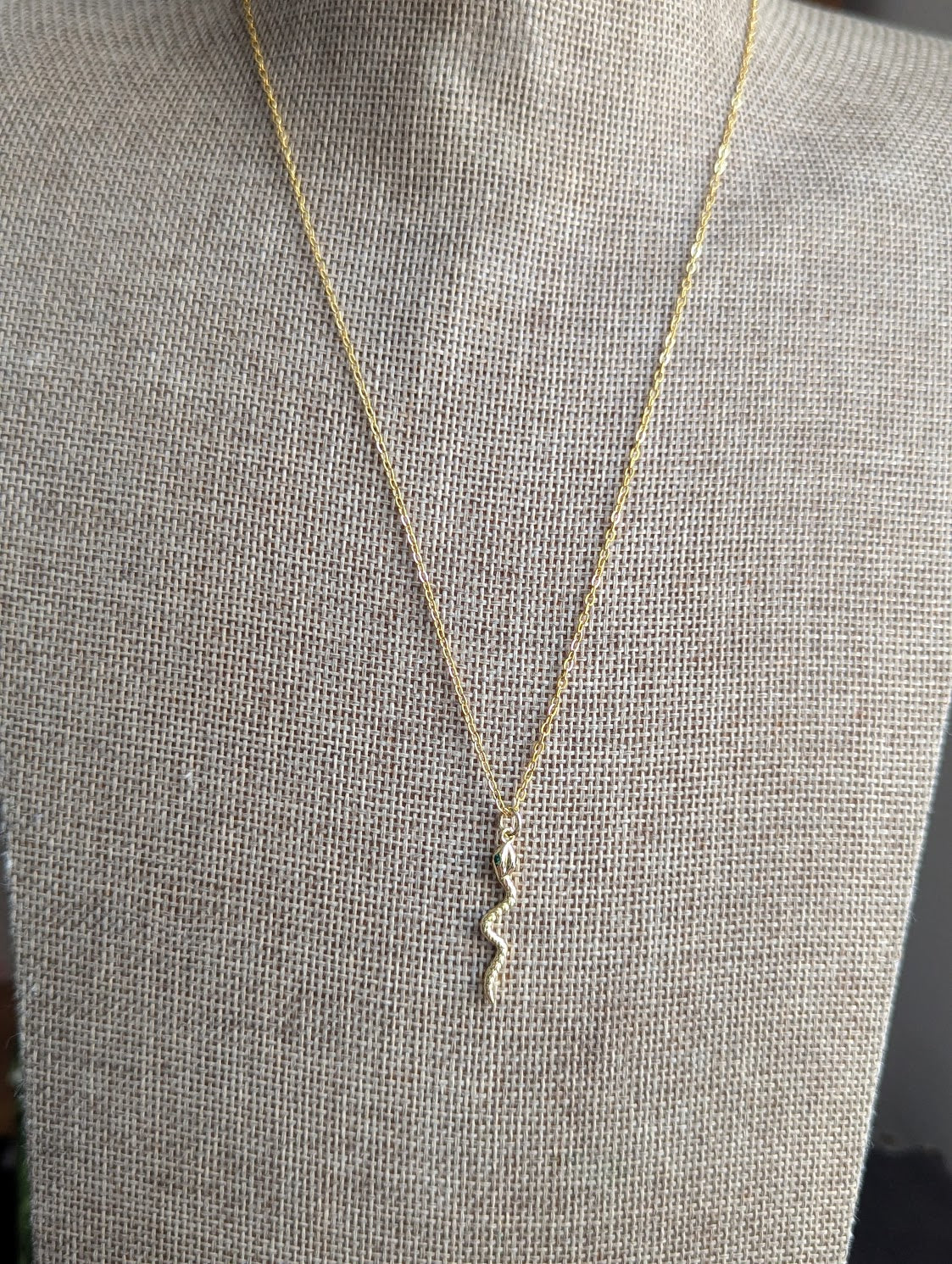 Textured Green Eyed Snake Necklace (Silver or Gold)