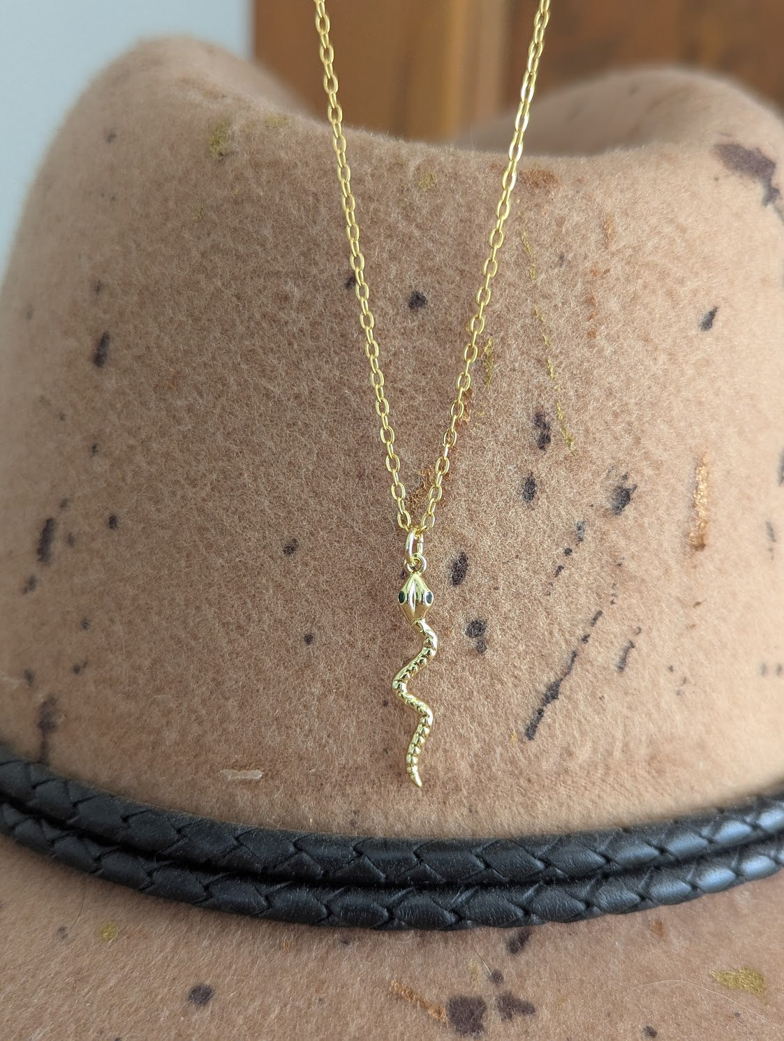 Textured Green Eyed Snake Necklace (Silver or Gold)