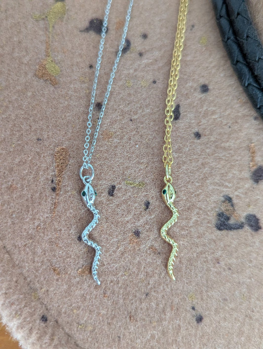 Textured Green Eyed Snake Necklace (Silver or Gold)