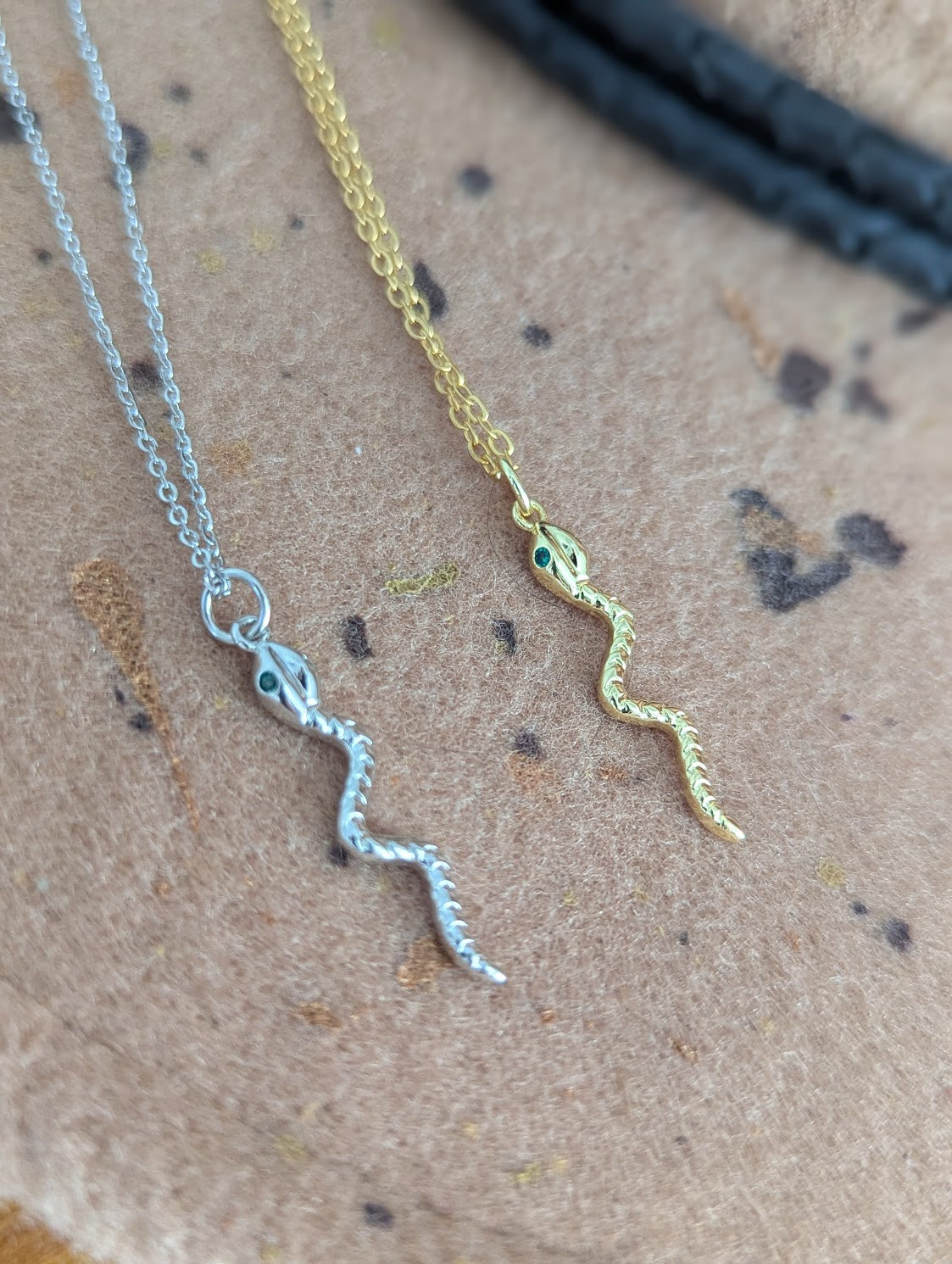 Textured Green Eyed Snake Necklace (Silver or Gold)
