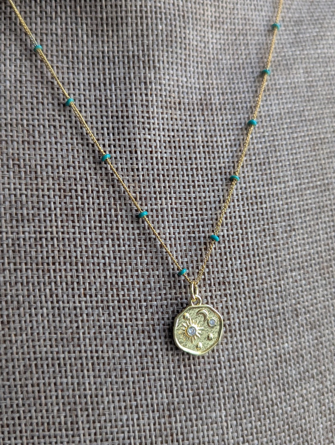 Sun Moon Stars Gold and Turquoise Necklace