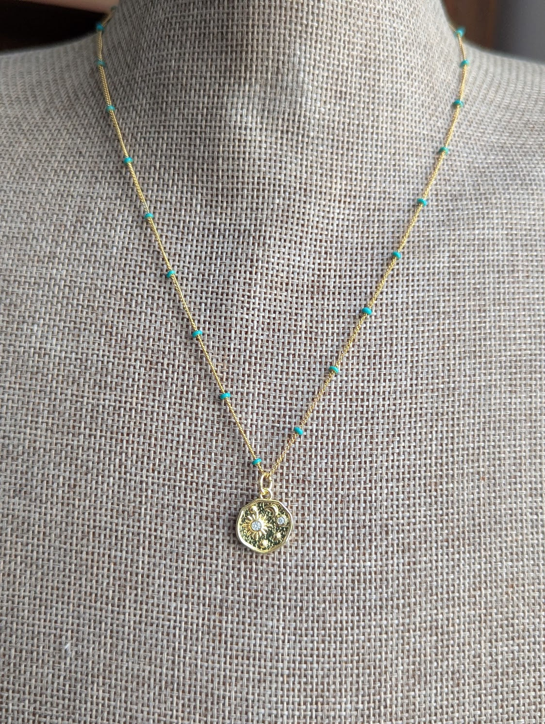 Sun Moon Stars Gold and Turquoise Necklace