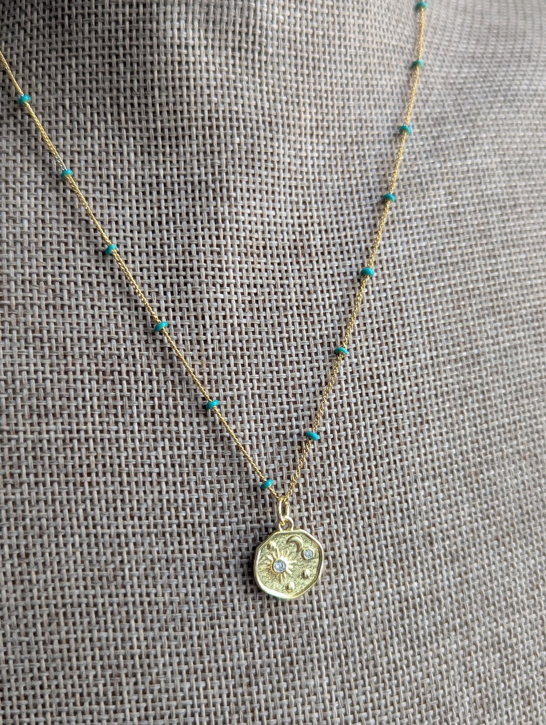Sun Moon Stars Gold and Turquoise Necklace