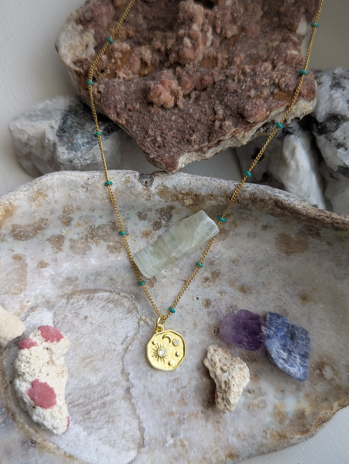 Sun Moon Stars Gold and Turquoise Necklace