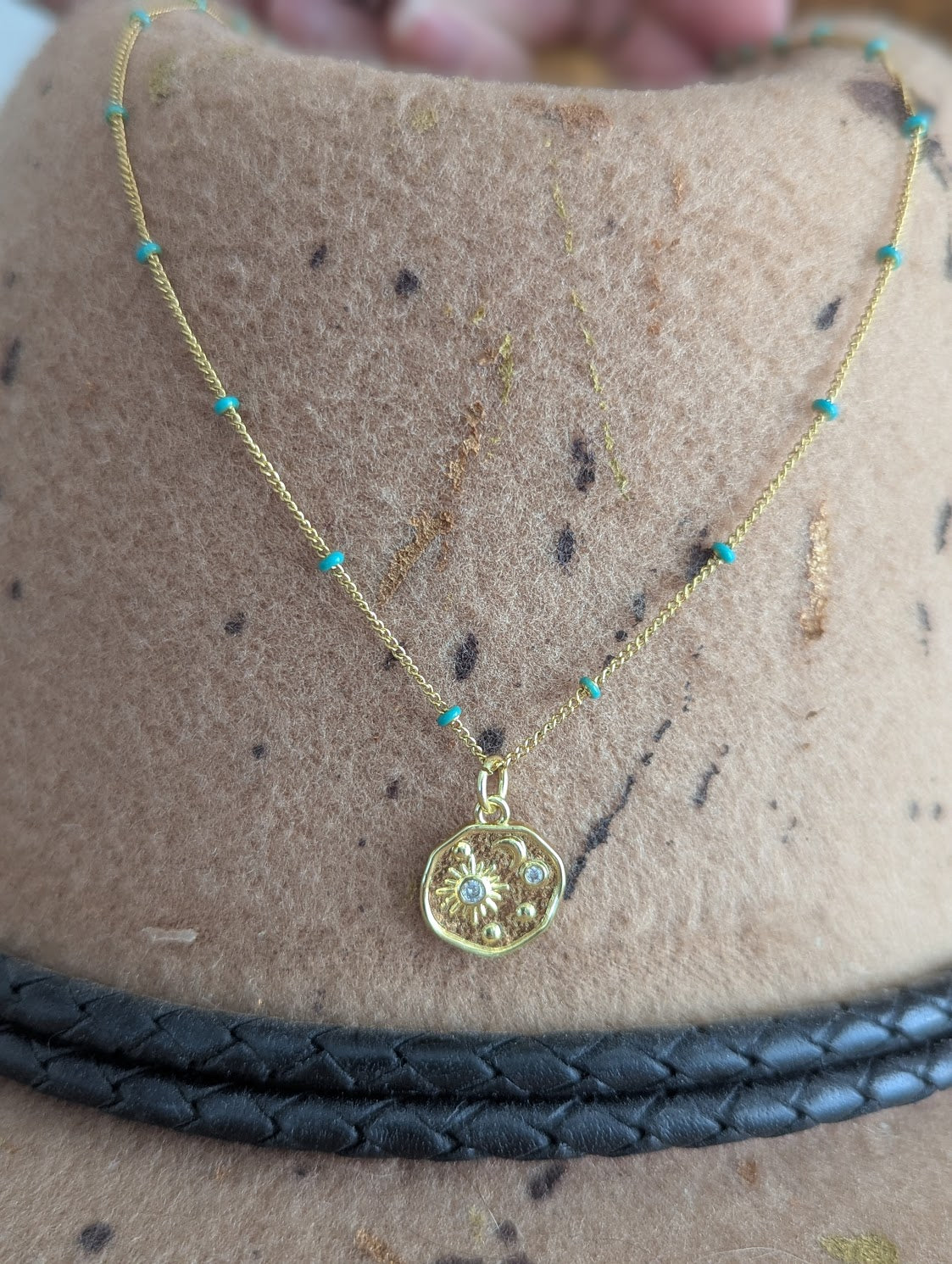 Sun Moon Stars Gold and Turquoise Necklace