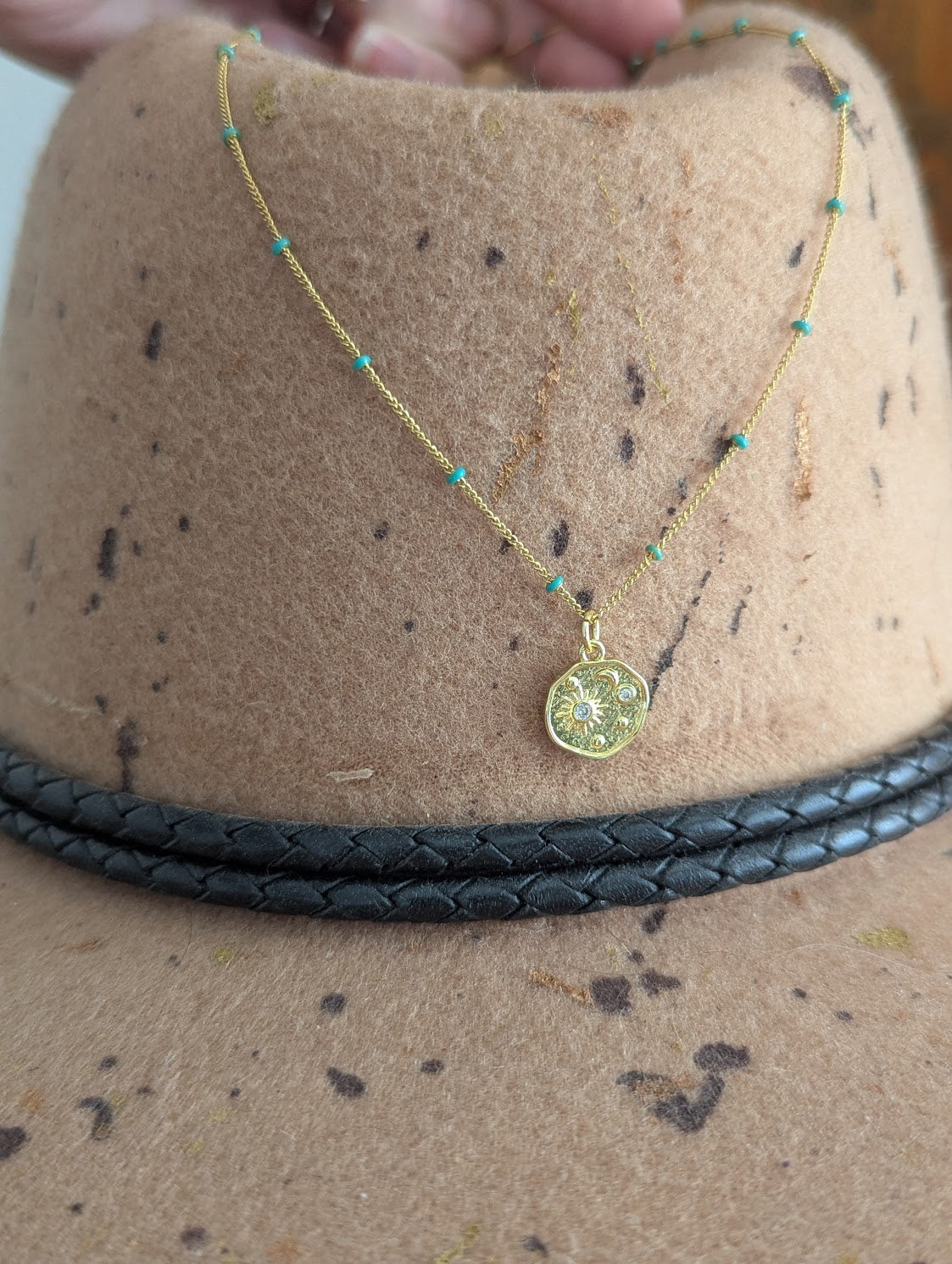 Sun Moon Stars Gold and Turquoise Necklace