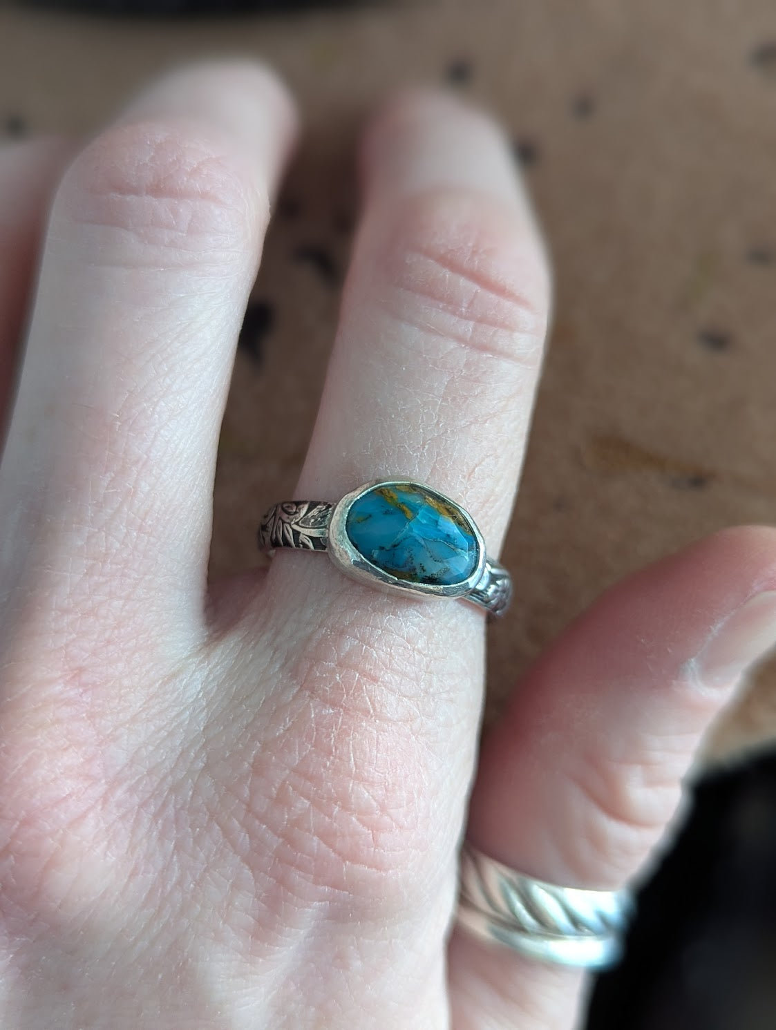 Faceted Aqua Peruvian Opal Silver Ring - Size 9.5