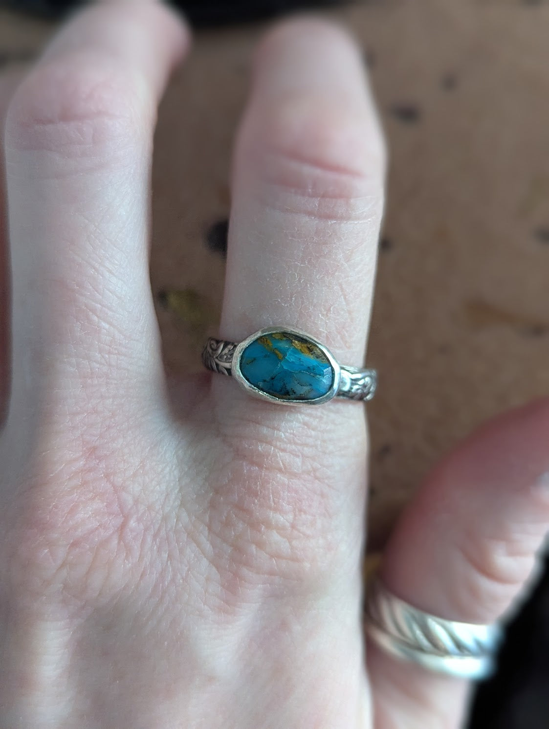 Faceted Aqua Peruvian Opal Silver Ring - Size 9.5