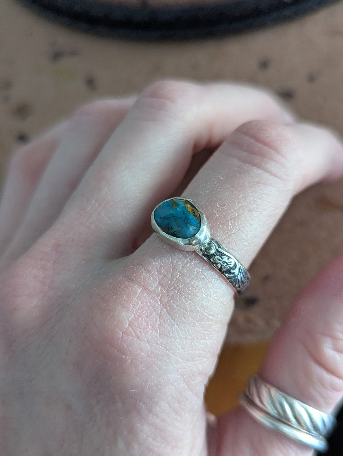 Faceted Aqua Peruvian Opal Silver Ring - Size 9.5