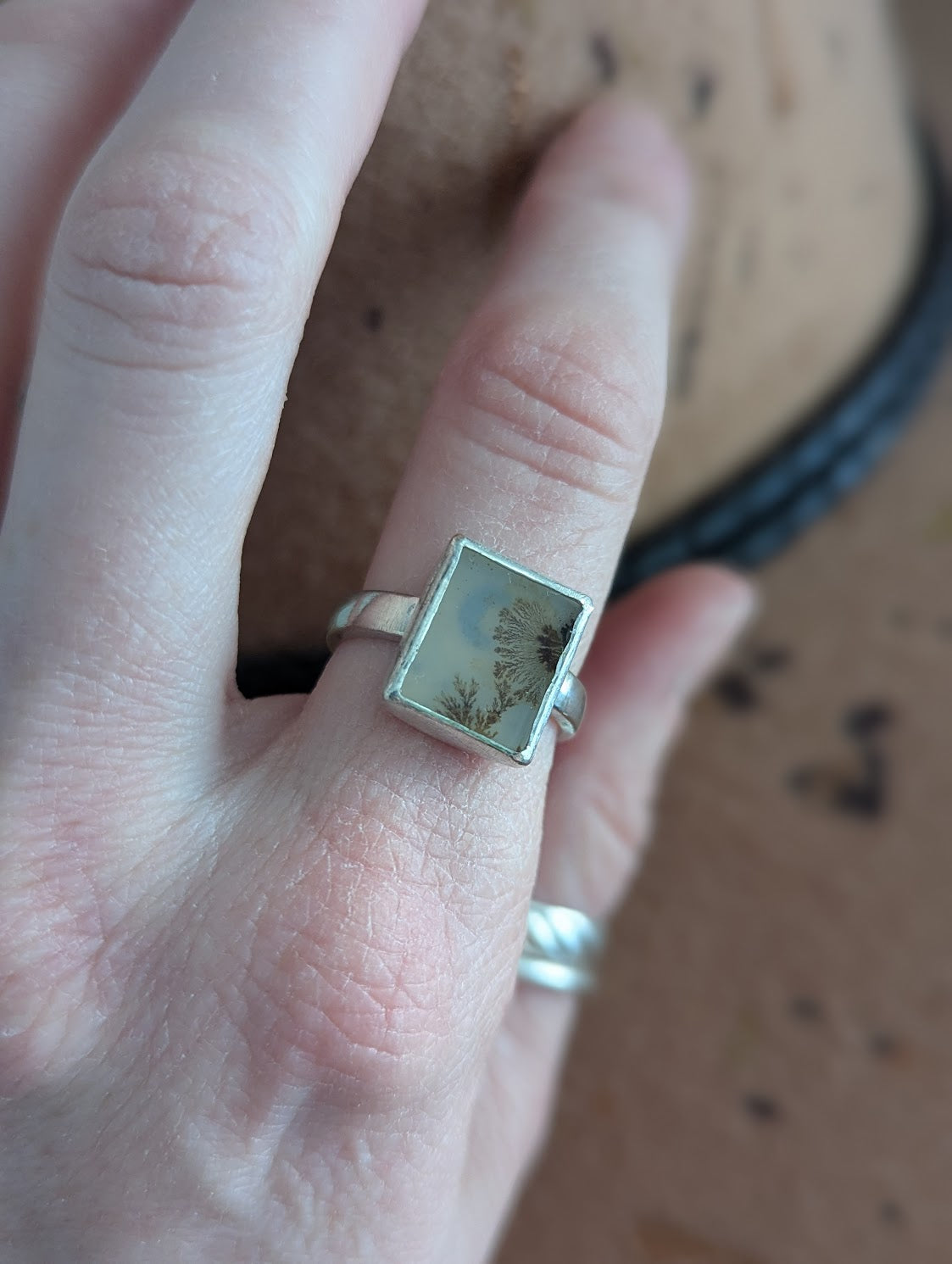 Dendritic Agate Moon Rectangle Silver Ring - Size 7