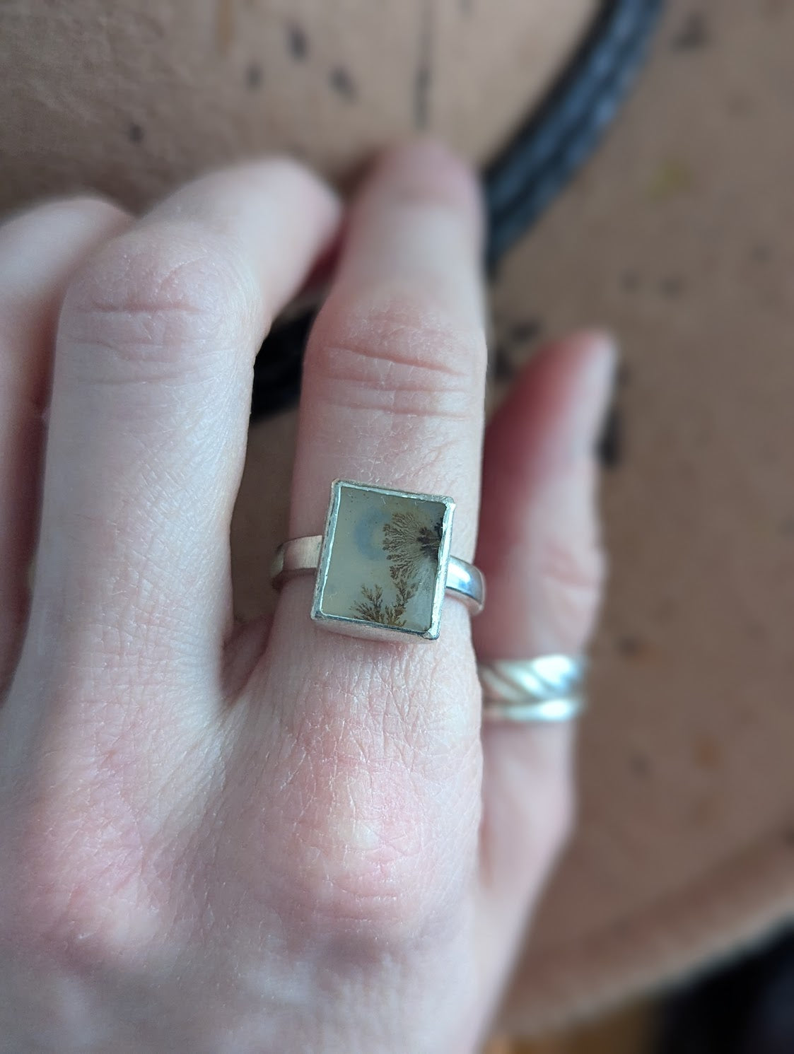 Dendritic Agate Moon Rectangle Silver Ring - Size 7