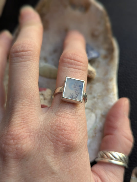 Dendritic Agate Moon Rectangle Silver Ring - Size 7