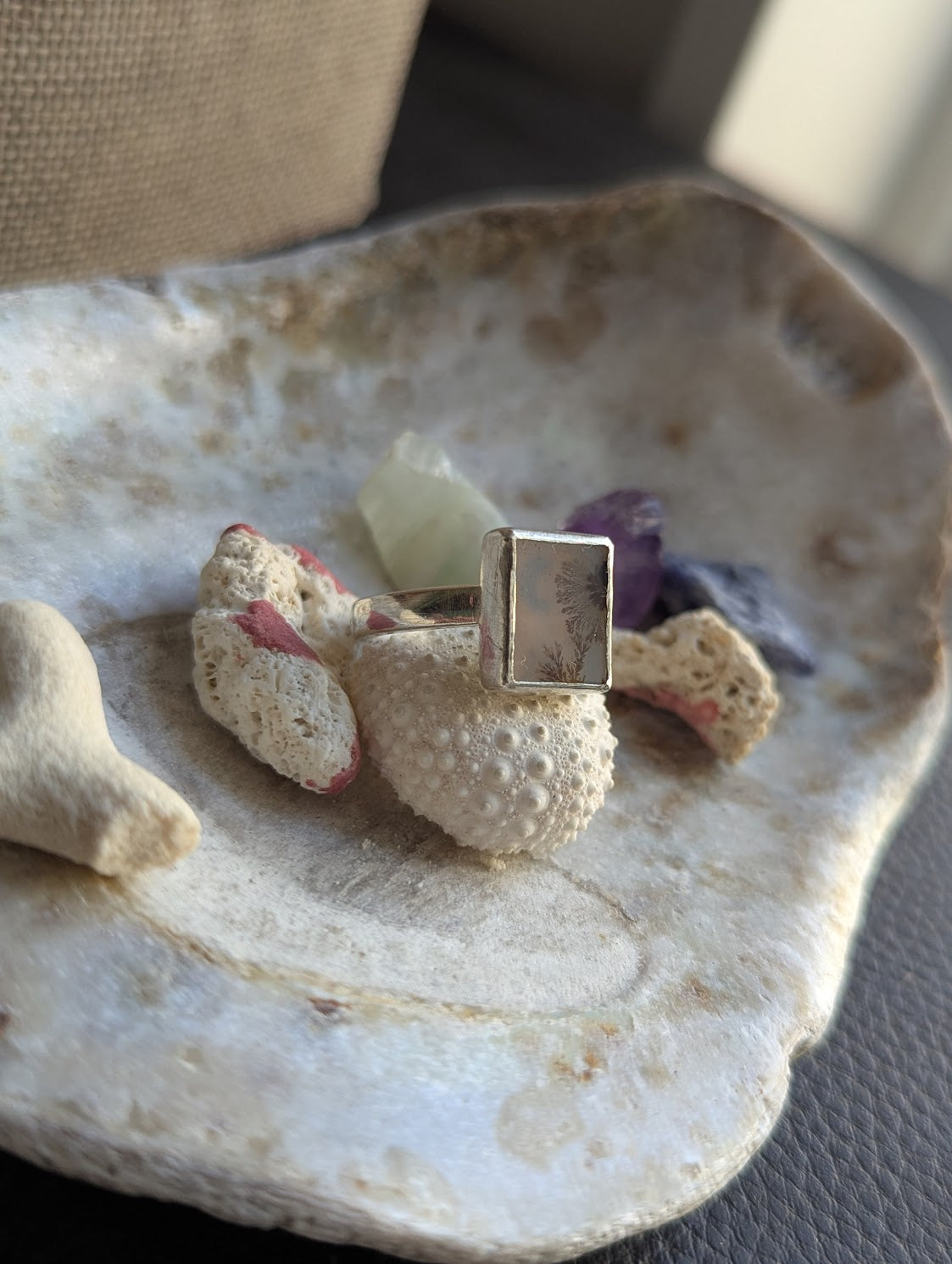 Dendritic Agate Moon Rectangle Silver Ring - Size 7