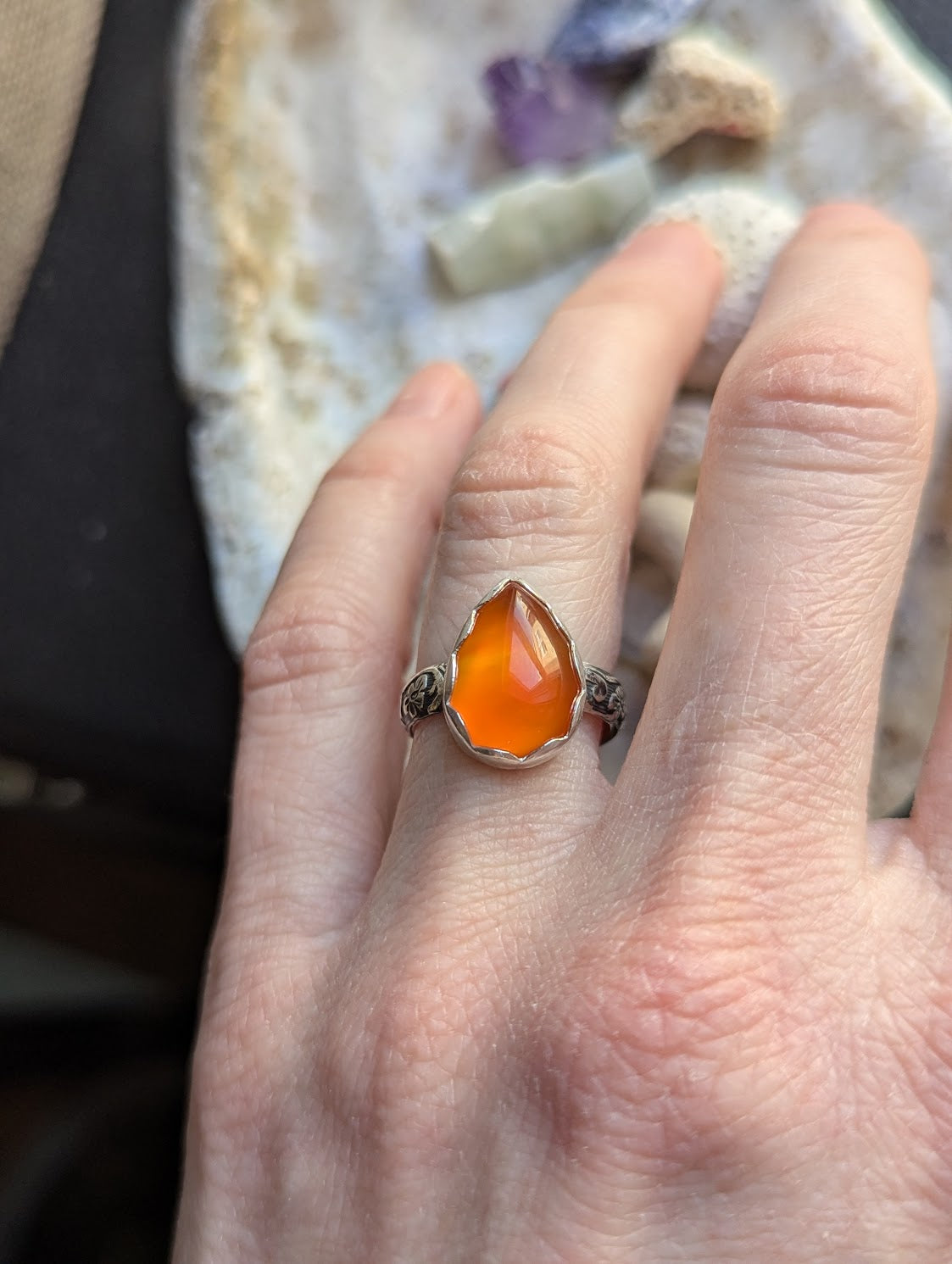Carnelian Tear Drop Silver Ring - Size 5