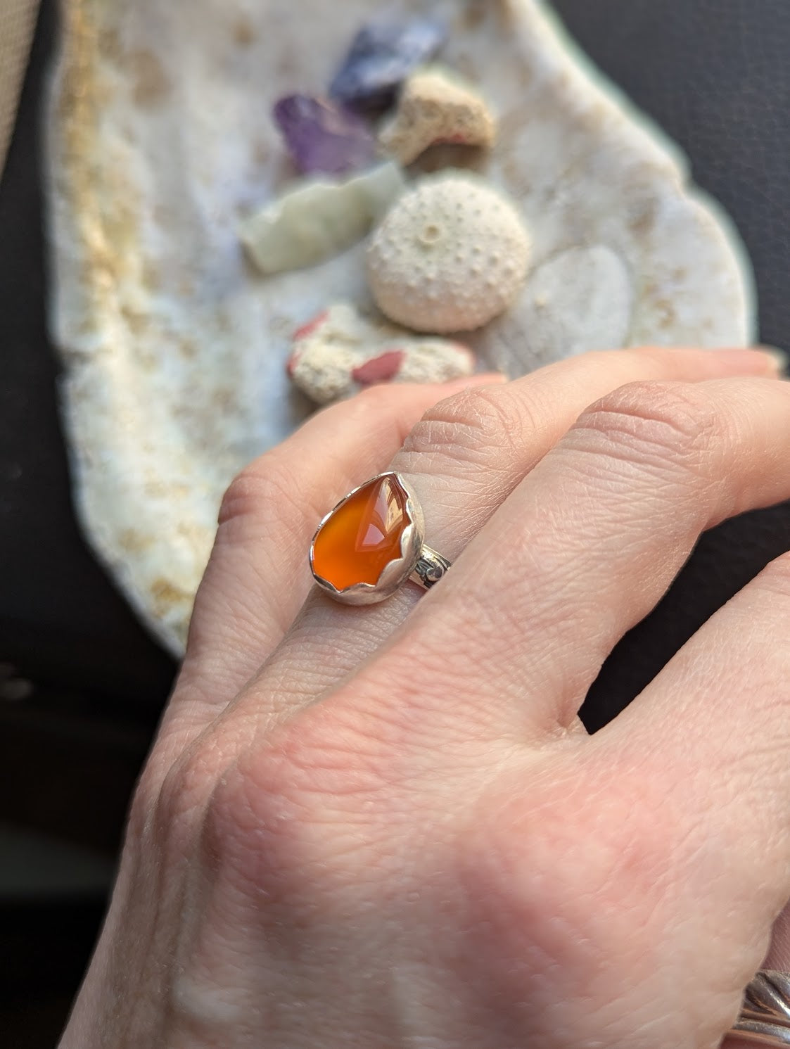 Carnelian Tear Drop Silver Ring - Size 5