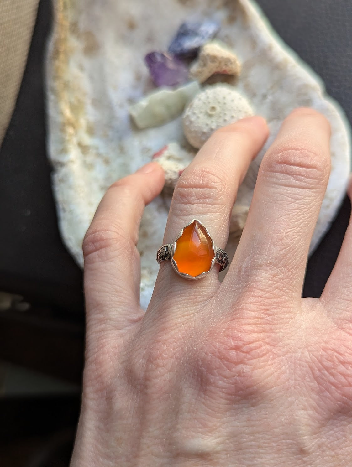 Carnelian Tear Drop Silver Ring - Size 5