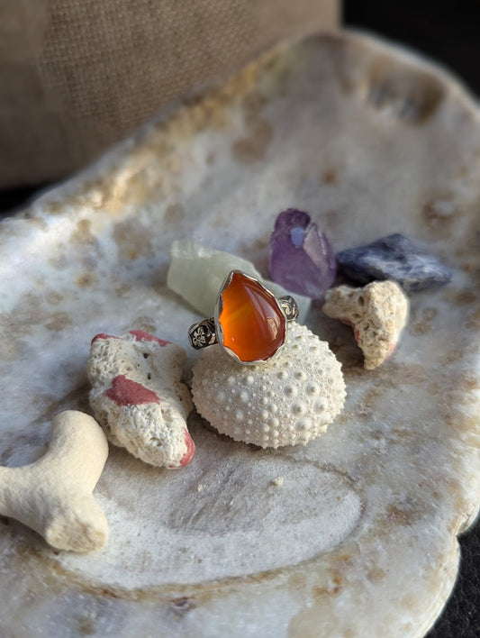 Carnelian Tear Drop Silver Ring - Size 5