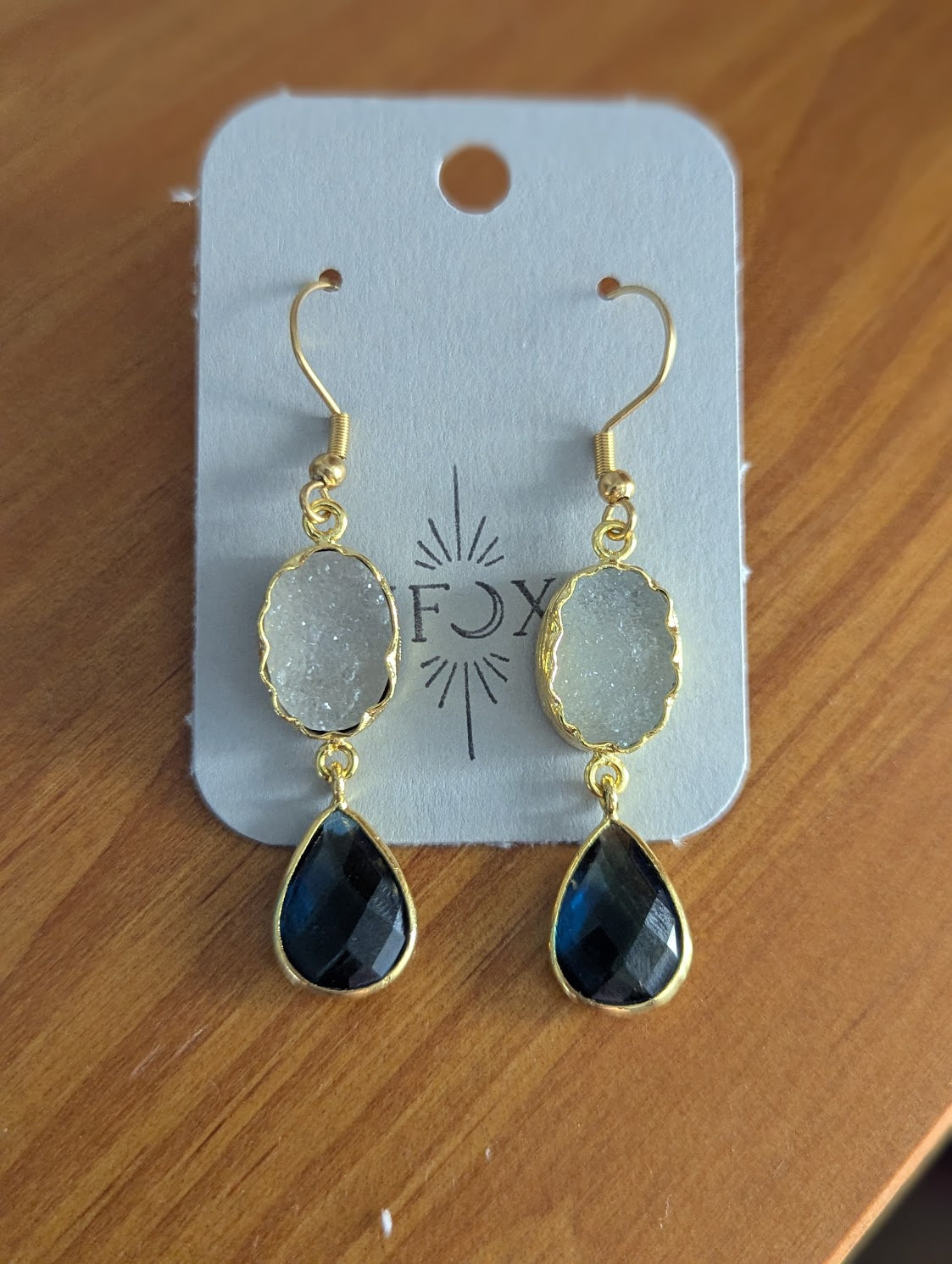White Druzy and Navy Crystal Gold Earrings