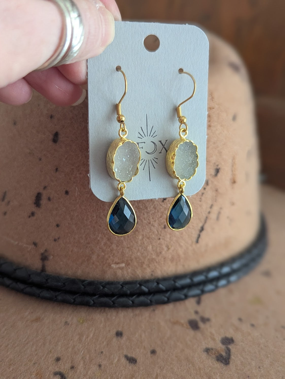 White Druzy and Navy Crystal Gold Earrings