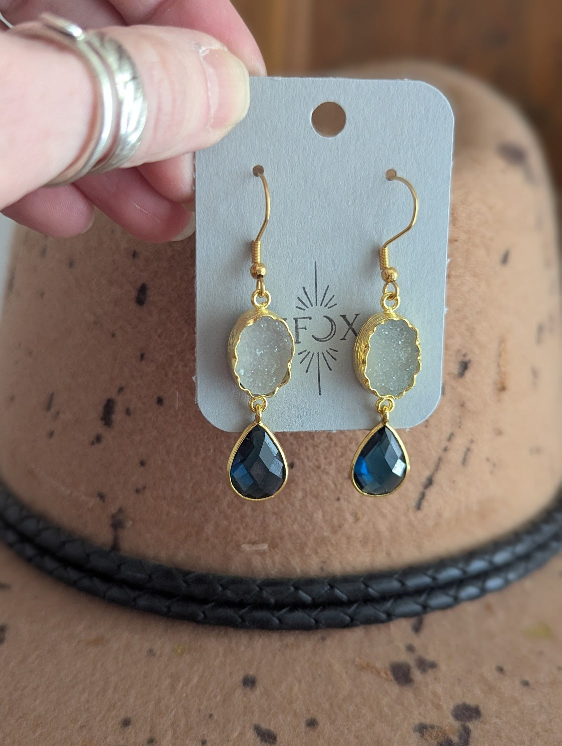 White Druzy and Navy Crystal Gold Earrings