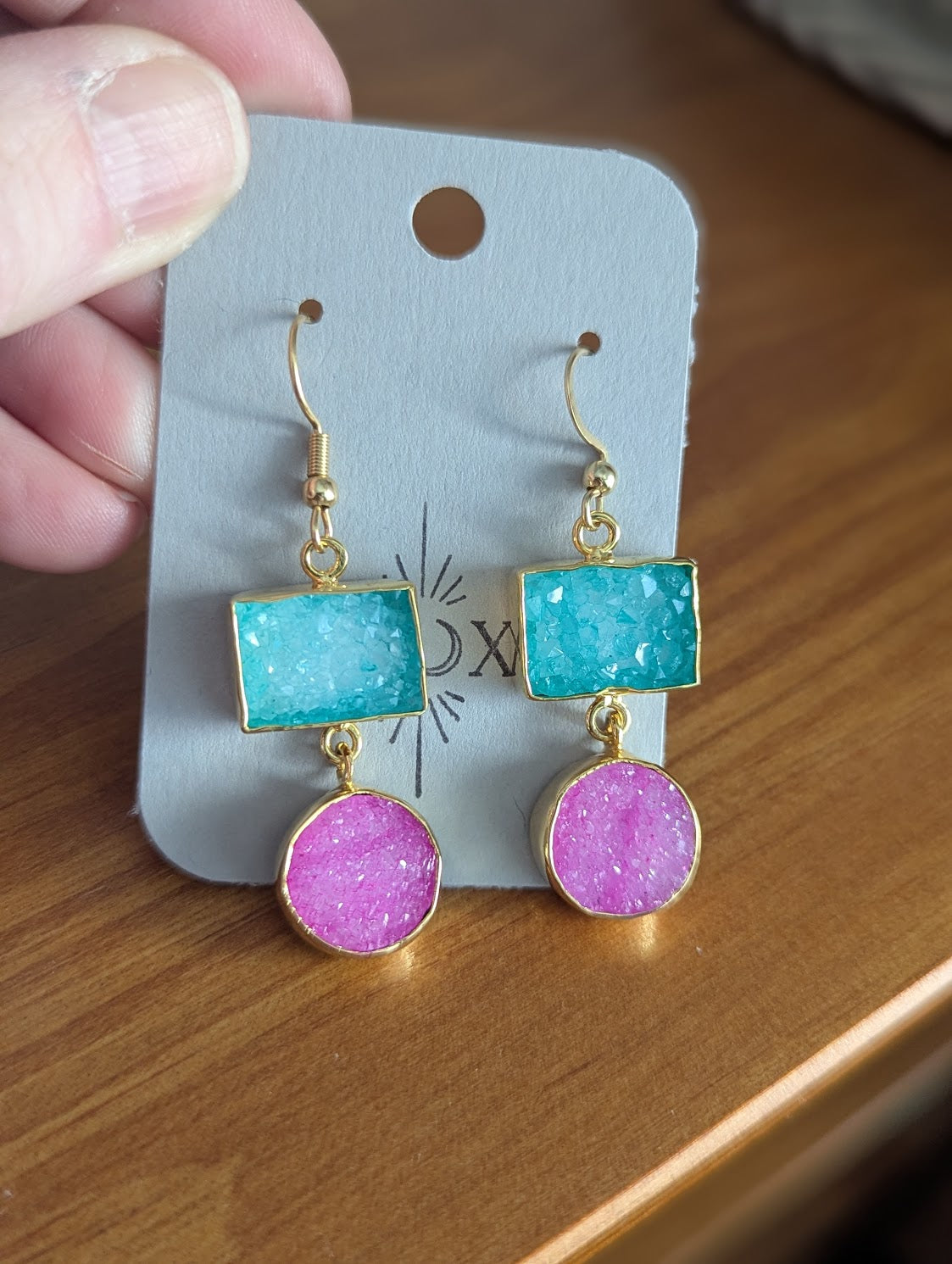 Turquoise and Pink Druzy Duo Gold Earrings