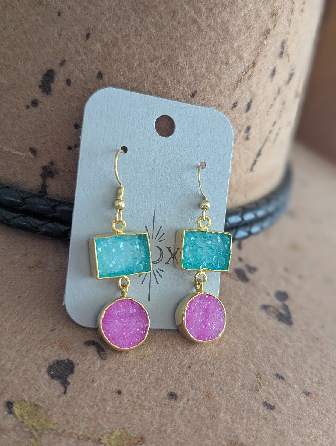 Turquoise and Pink Druzy Duo Gold Earrings
