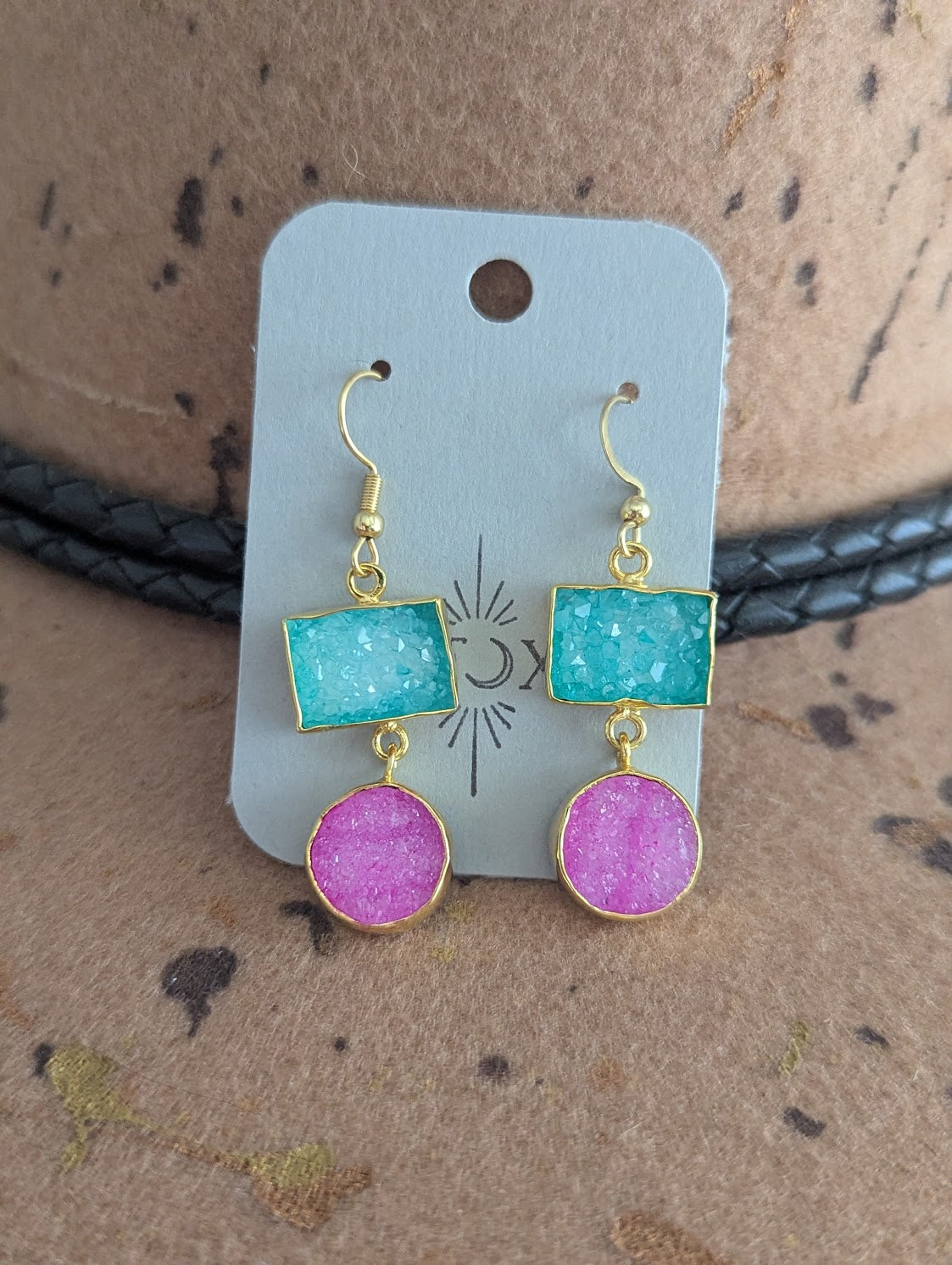 Turquoise and Pink Druzy Duo Gold Earrings