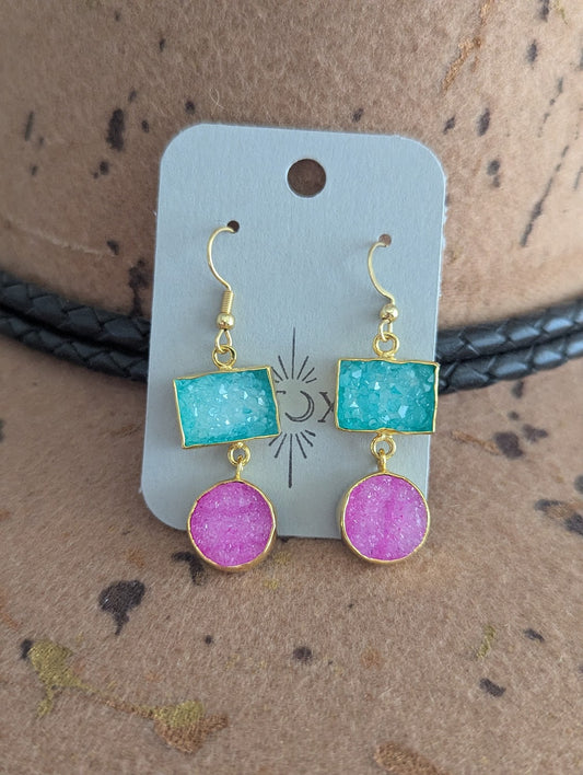 Turquoise and Pink Druzy Duo Gold Earrings