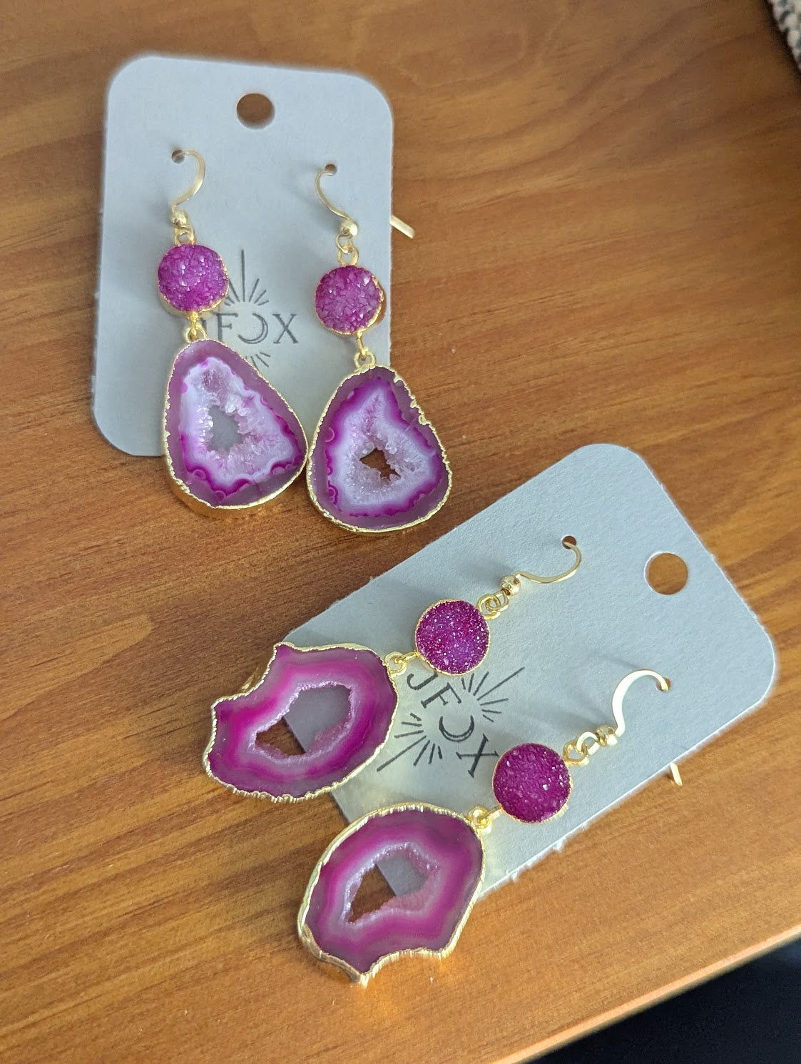 Hot Pink Druzy and Agate Gold Earrings