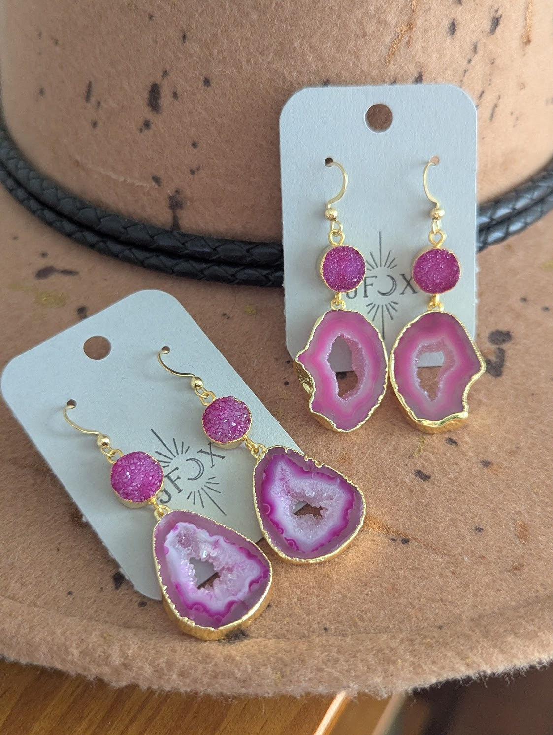 Hot Pink Druzy and Agate Gold Earrings