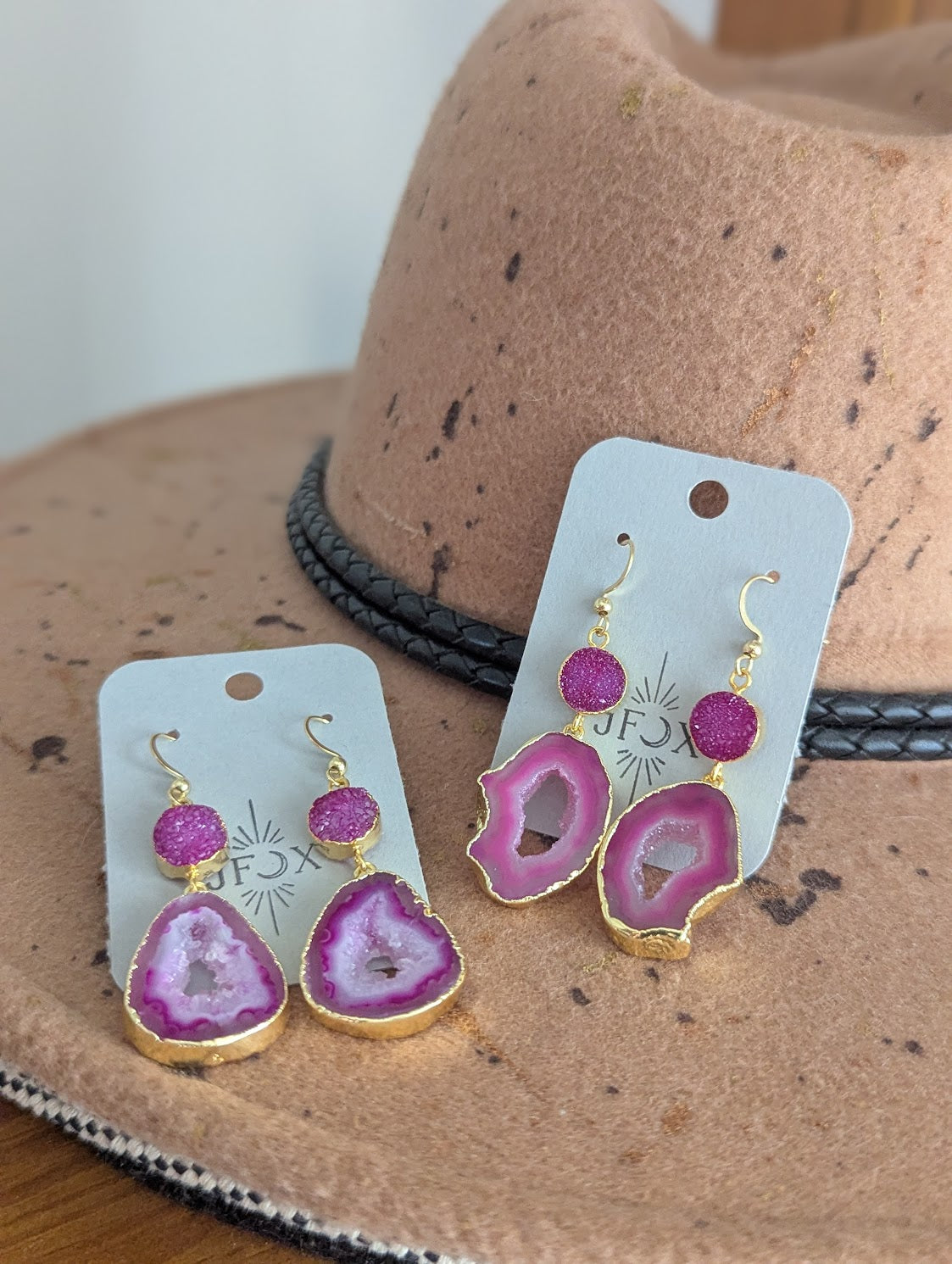 Hot Pink Druzy and Agate Gold Earrings
