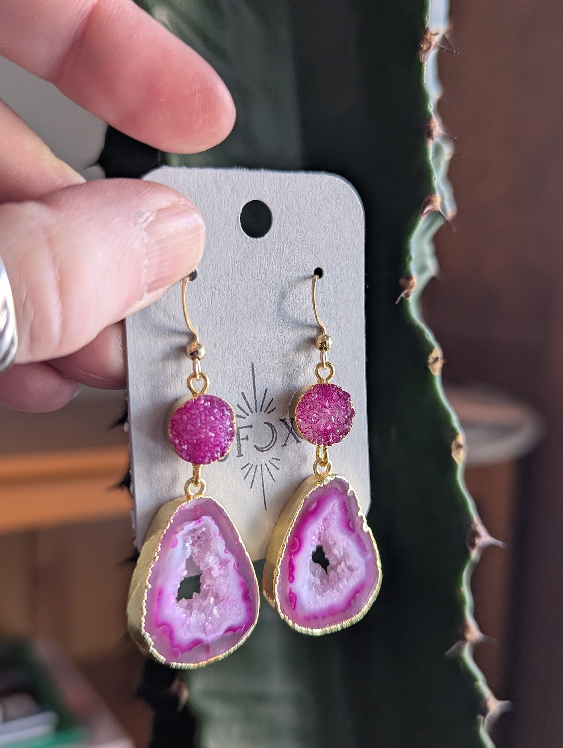 Hot Pink Druzy and Agate Gold Earrings