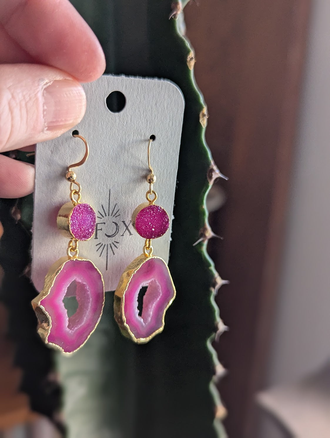 Hot Pink Druzy and Agate Gold Earrings