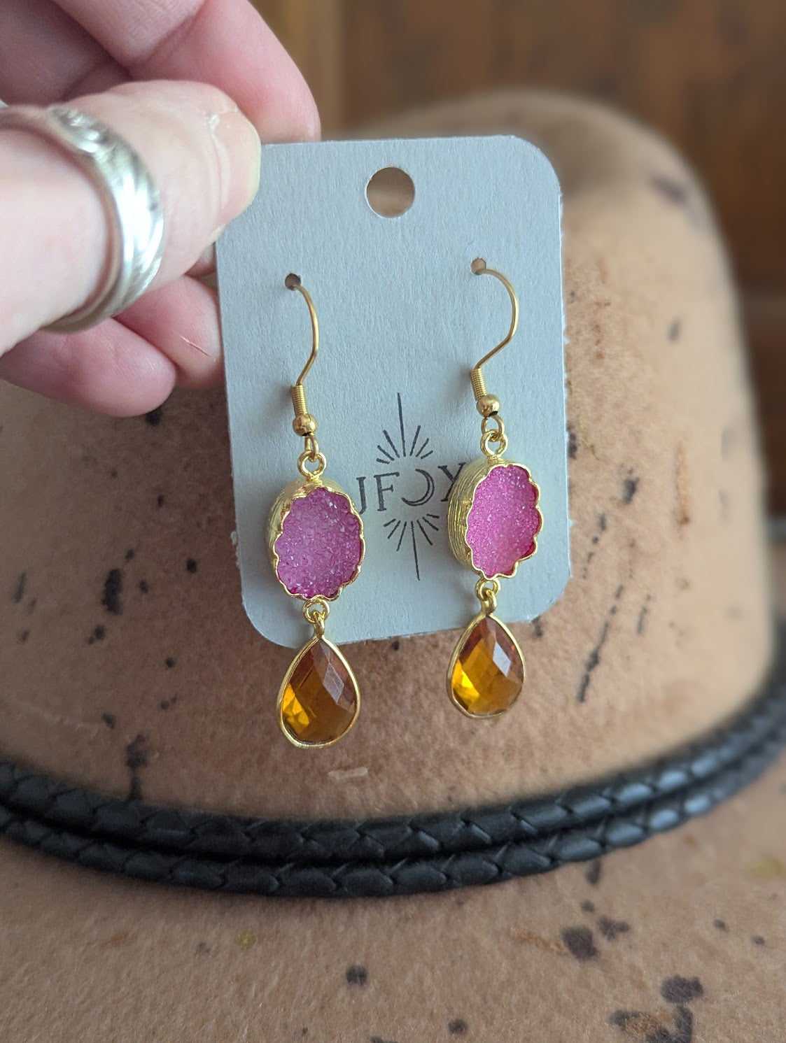 Pink and Orange Crystal Gold Earrings