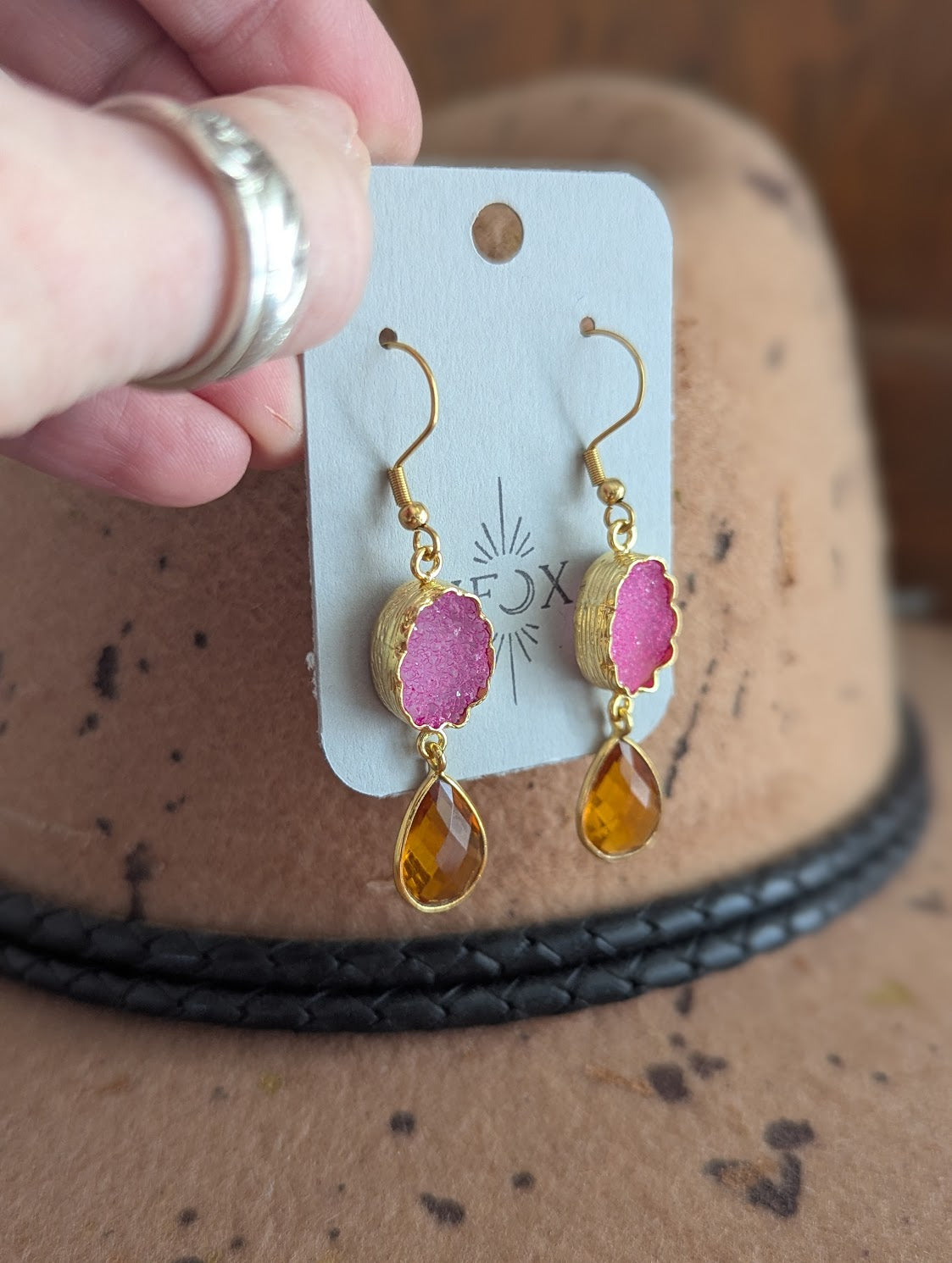 Pink and Orange Crystal Gold Earrings