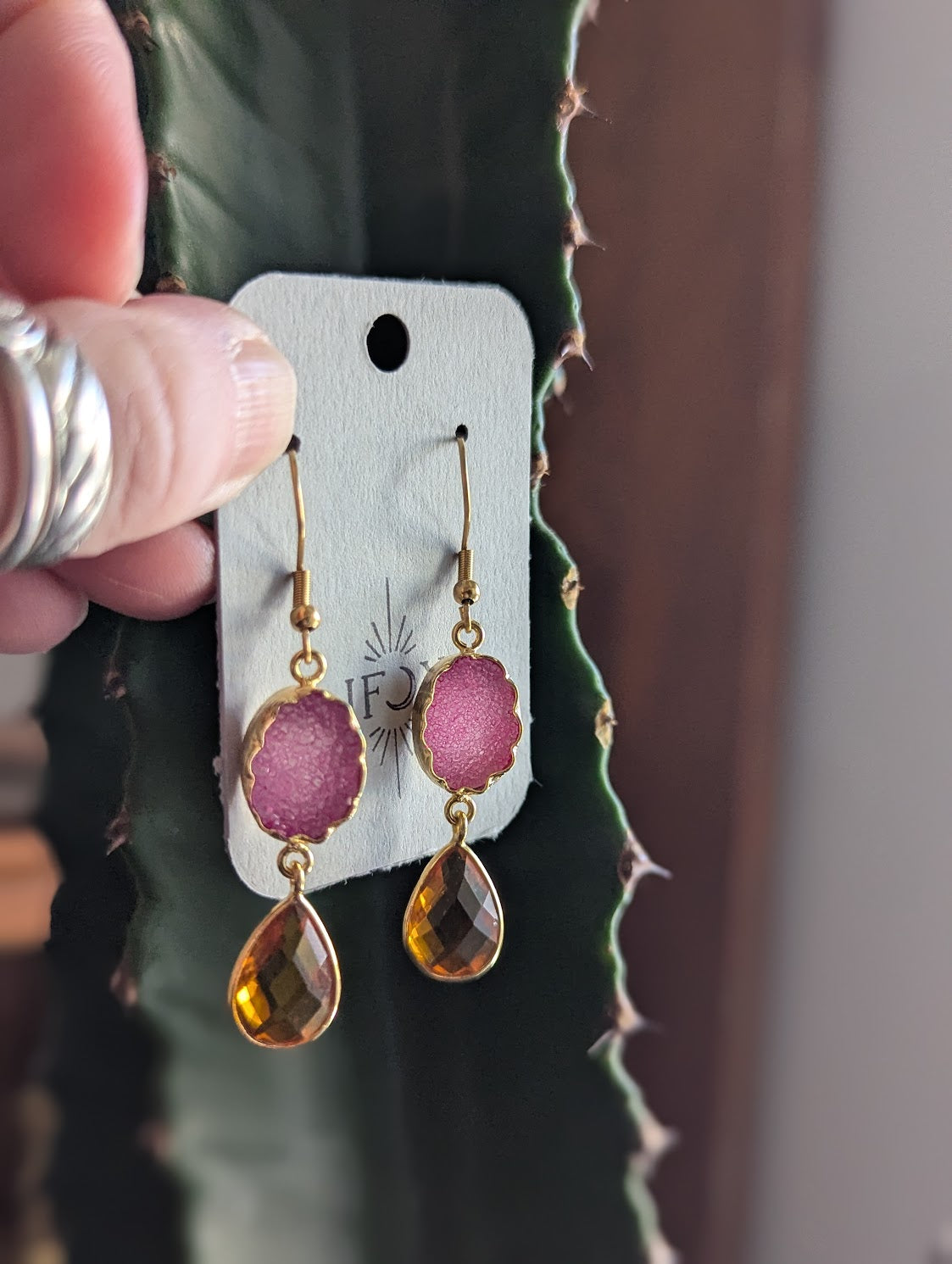 Pink and Orange Crystal Gold Earrings