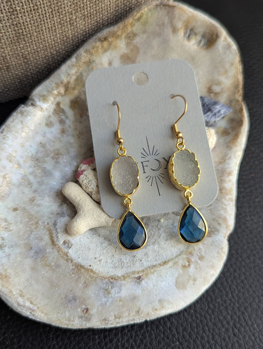 White Druzy and Navy Crystal Gold Earrings