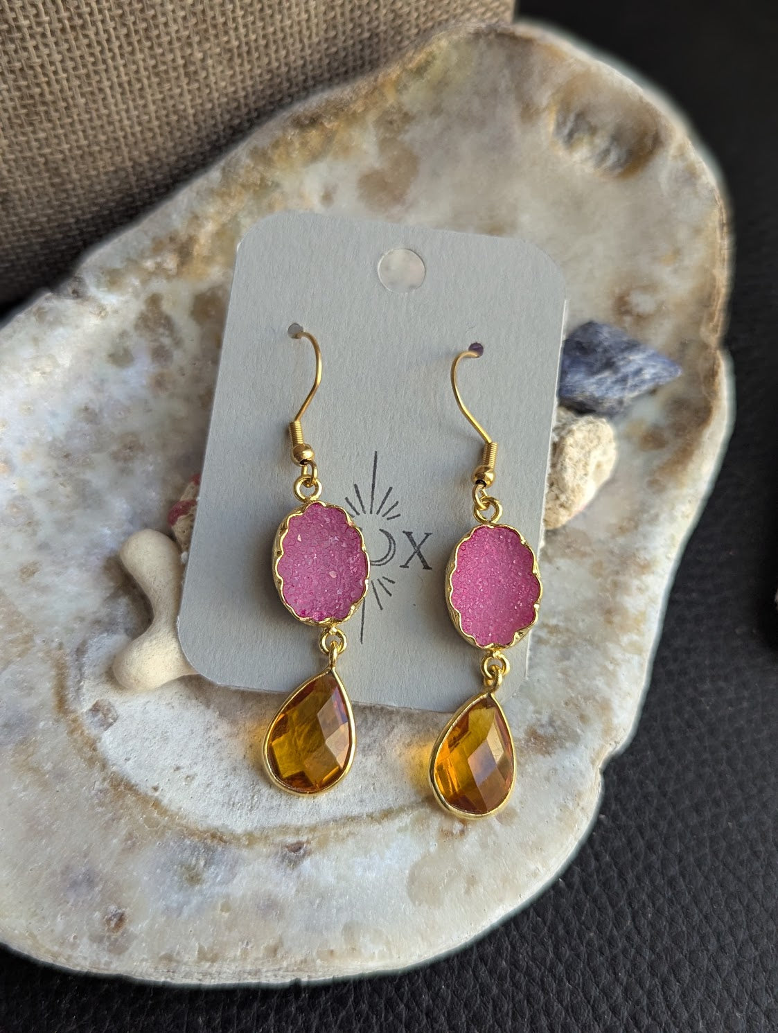 Pink and Orange Crystal Gold Earrings