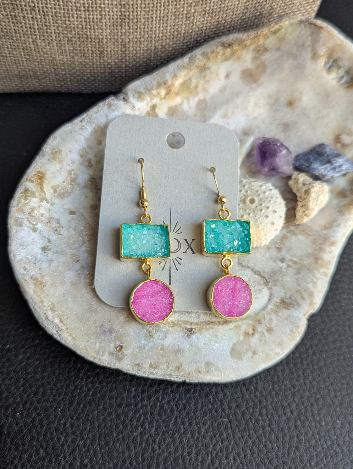 Turquoise and Pink Druzy Duo Gold Earrings