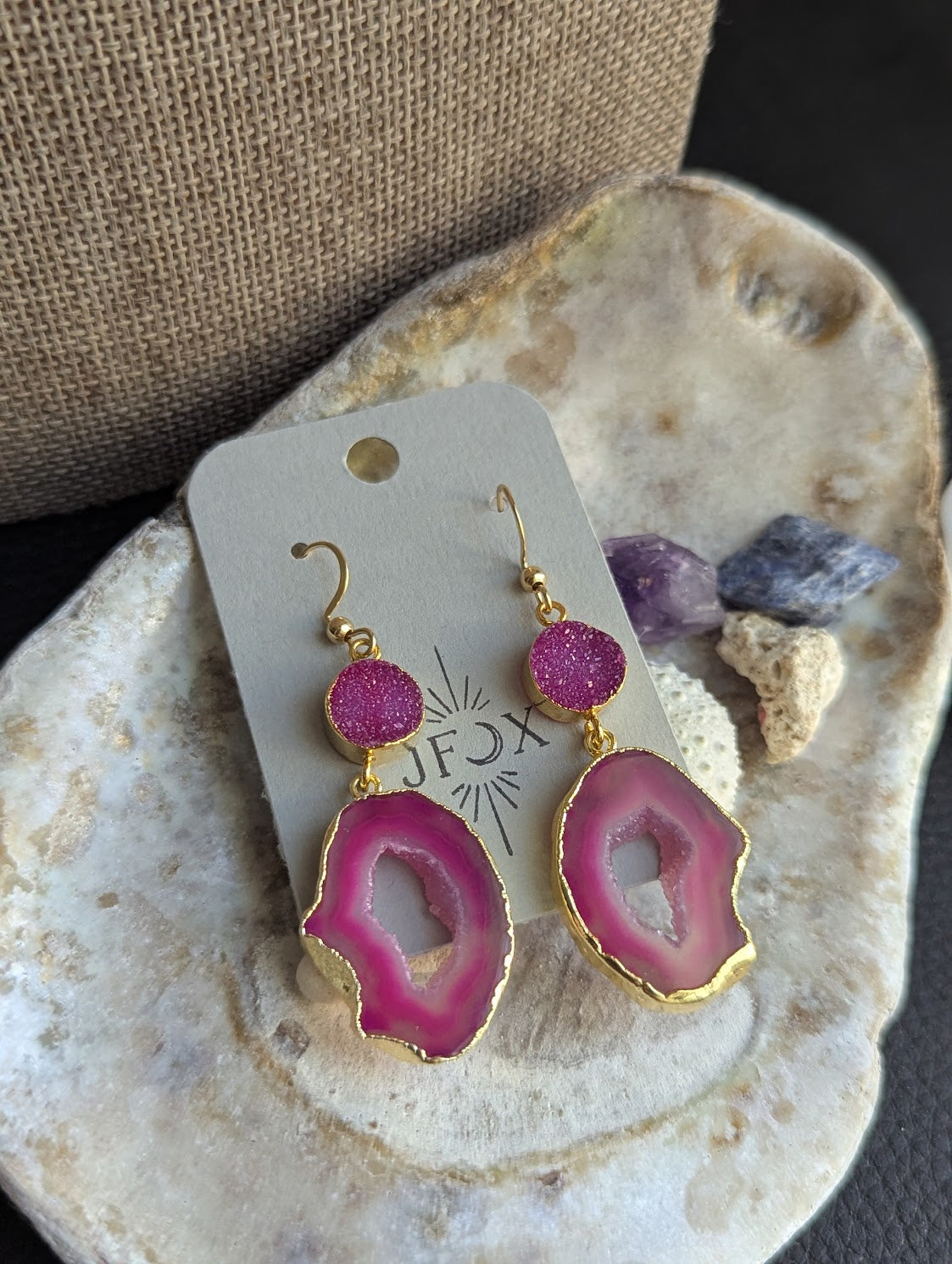 Hot Pink Druzy and Agate Gold Earrings