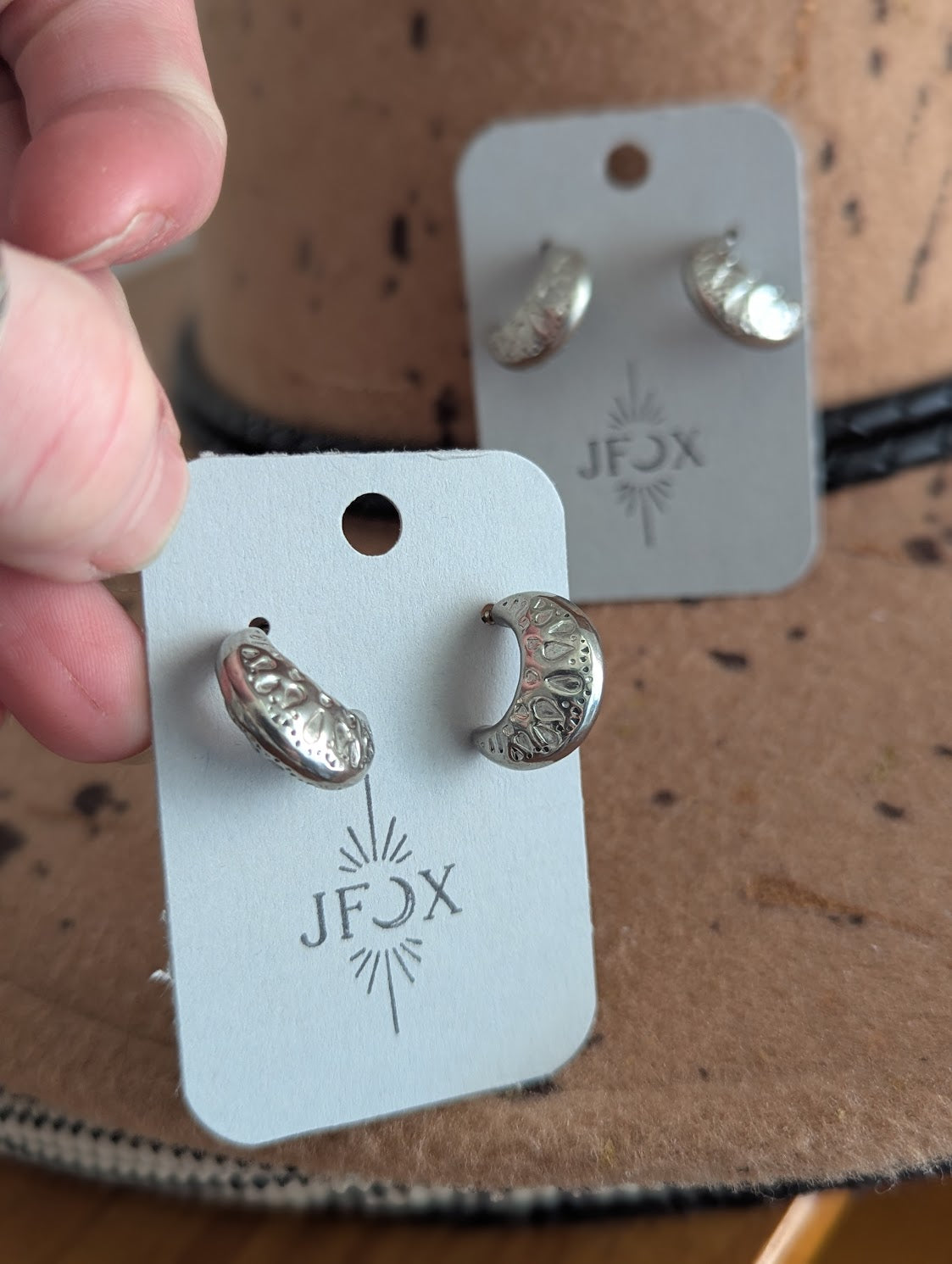 Hammer Textured Crescent Hoop Studs SIlver Stainless