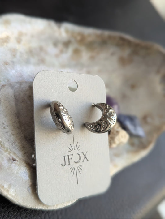 Hammer Textured Crescent Hoop Studs SIlver Stainless