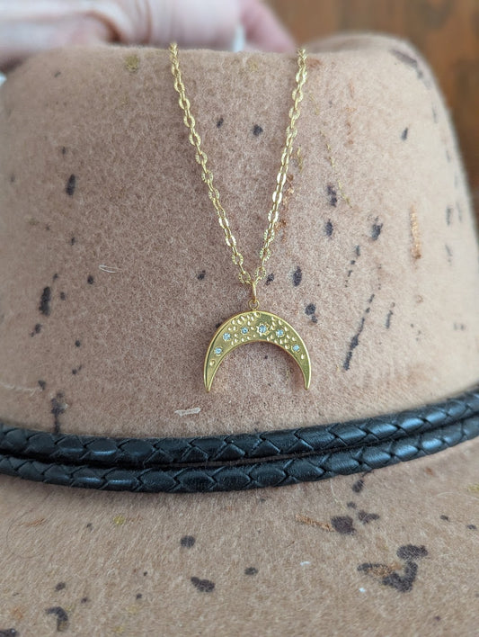 Crystal Crescent Moon Gold Stainless Necklace