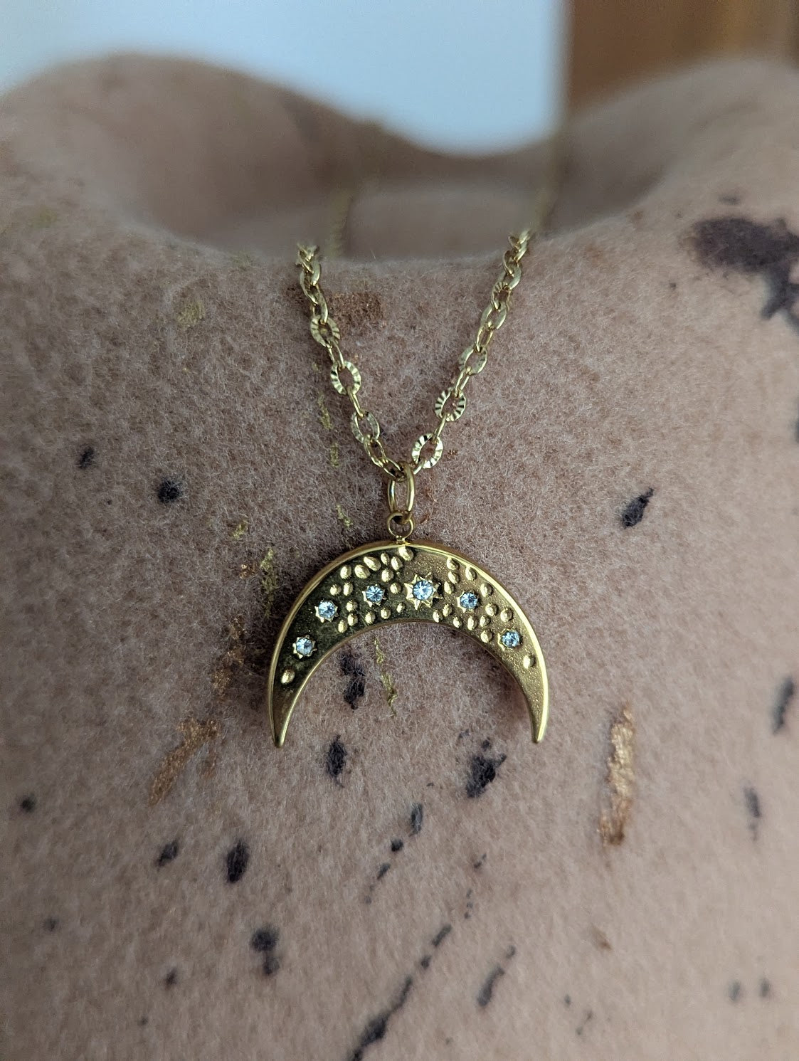 Crystal Crescent Moon Gold Stainless Necklace