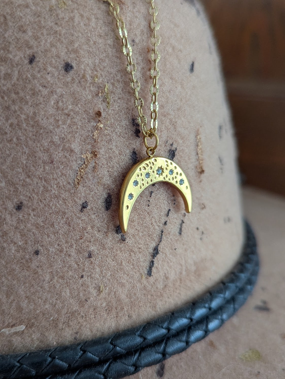 Crystal Crescent Moon Gold Stainless Necklace